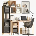 Modern Home Desk Setup With Bookshelf Storage Laptop Lamp And Comfortable Chair