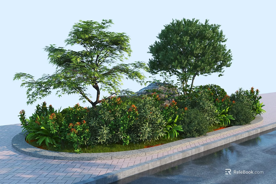 Lush Outdoor Garden Plant Combination With Trees Bushes And Colorful Flowers 3d model 