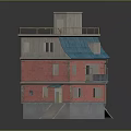 Red Brick Multi Story Building With Blue Roof Wooden Rooftop And Staircase