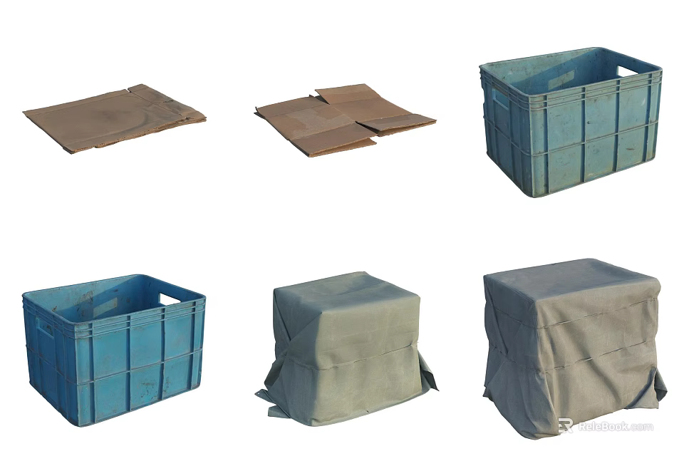 Various Storage Containers Including Folded Cardboard Blue Plastic and Covered Bins 3d model