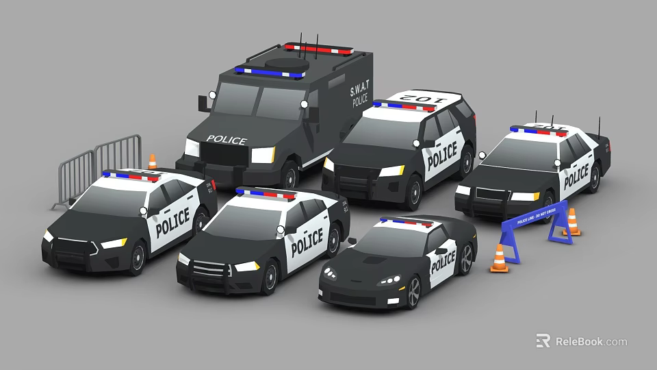 Various Police Car Models Including SUV Sedan Van with Traffic Cones and Barriers 3d model 