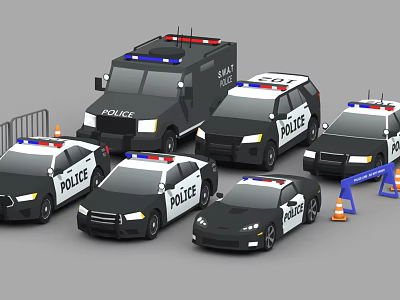 Various Police Car Models Including SUV Sedan Van with Traffic Cones and Barriers 3d model