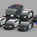 Various Police Car Models Including SUV Sedan Van with Traffic Cones and Barriers