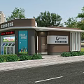 Modern Community Service Station With Information Display Green Plants And Roadside Design