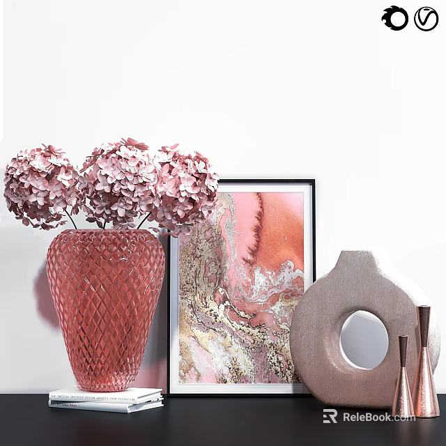 Ornamental Decor Combination With Pink Hydrangeas Red Diamond Vase Abstract Painting And Circular Accent 3d model 