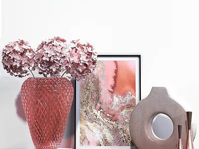 Ornamental Decor Combination With Pink Hydrangeas Red Diamond Vase Abstract Painting And Circular Accent 3d model
