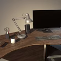 Curved Wooden Office Desk With Drawers Computer Monitor Keyboard Lamp And Black Chair