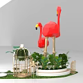 Red Flamingos And Green Plants Photo Spot With Birdcage Decoration Grass Path And Chairs 3d model