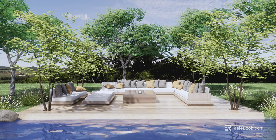 Comfortable Outdoor Sofa Set On Wooden Patio With Green Trees And Pool View 3d model 
