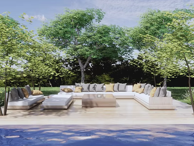 Comfortable Outdoor Sofa Set On Wooden Patio With Green Trees And Pool View 3d model