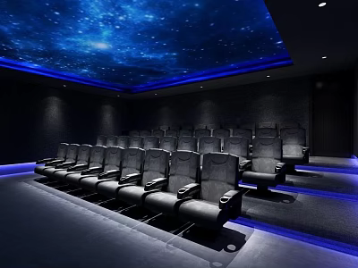 Modern Cinema Interior With Starry Ceiling Blue Lighting And Black Seats 3d model