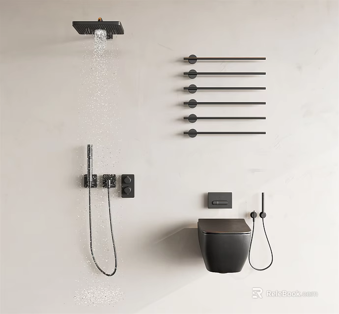 Modern Black Shower Head Design With Handheld Spray And Bathroom Towel Rails 3d model 