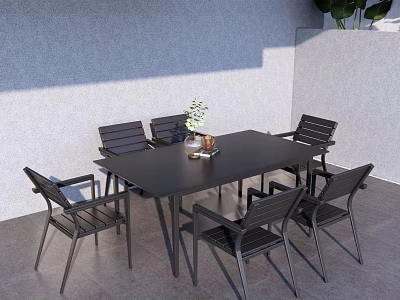 Black Outdoor Table with 6 Chairs Set in Gray Wall Patio Area 3d model