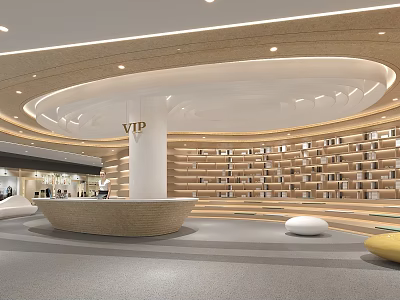 Book Art in VIP Library Featuring Circular Pillar Curved Shelves and Round Cushions 3d model