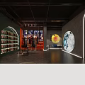 Interior Exhibition Space With Bookshelves Hanging Clothes Projected Moon Yellow Circular Design And Wall Text