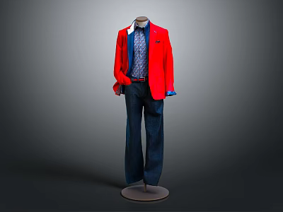 Men's Mannequin Wearing Red Blazer Blue Shirt Tie And Dark Pants 3d model