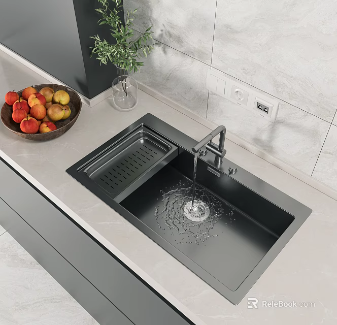 Black Kitchen Sink With Faucet Water Flowing And Drainer On Countertop 3d model 