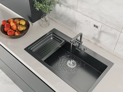 Black Kitchen Sink With Faucet Water Flowing And Drainer On Countertop 3d model