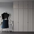 Modern Bedroom Interior With White Paneled Wardrobe Dressing Table Mirror And Blue Chair
