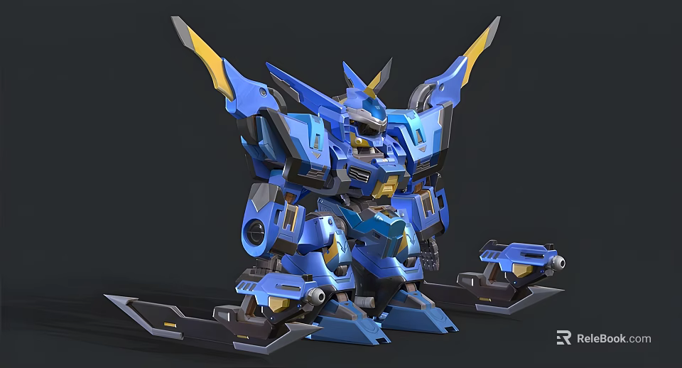 Futuristic Blue Mechanical Weapon System with Robot Armor Cannon and Wing Parts 3d model 