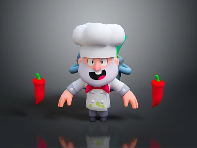 Cartoon Chef Game Movie Character With White Chef Hat Red Bow Tie Red Chili Peppers 3d model