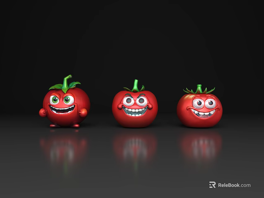 Cute Red Cartoon Tomatoes With Green Leaves And Smiling Faces On Black Background 3d model 