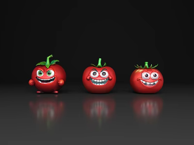 Cute Red Cartoon Tomatoes With Green Leaves And Smiling Faces On Black Background 3d model
