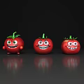 Cute Red Cartoon Tomatoes With Green Leaves And Smiling Faces On Black Background