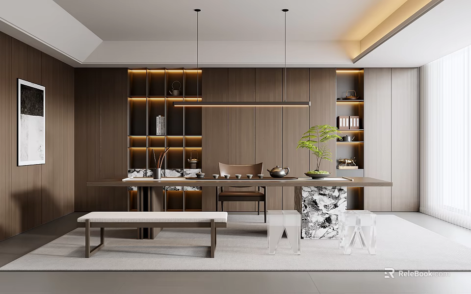 Modern Tea Room Interior Design With Wooden Elements Long Table And Green Plant 3d model 