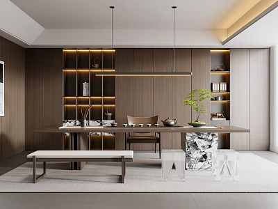 Modern Tea Room Interior Design With Wooden Elements Long Table And Green Plant 3d model