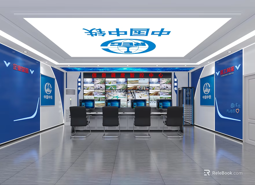Modern Monitoring Room with Multiple Display Screens Control Console Wall Signage and Office Chairs 3d model 