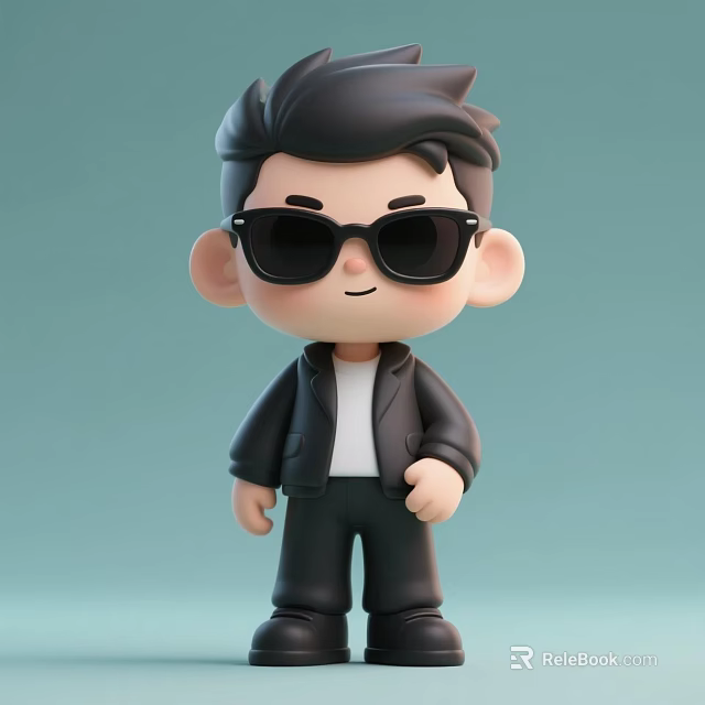 Cute Chibi Style Cartoon Doll With Black Short Hair Sunglasses Black Jacket And White T-Shirt 3d model 