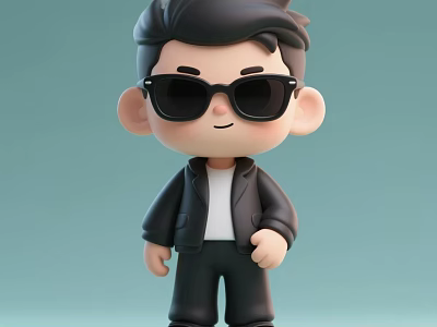 Cute Chibi Style Cartoon Doll With Black Short Hair Sunglasses Black Jacket And White T-Shirt 3d model
