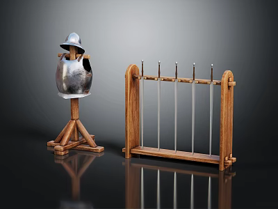 Silver Medieval Helmet On Wooden Stand With Wooden Rack And Metal Hooks 3d model