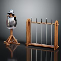 Silver Medieval Helmet On Wooden Stand With Wooden Rack And Metal Hooks