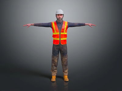 Construction Worker In Safety Vest And Hard Hat With Arms Outstretched On Gray Background 3d model