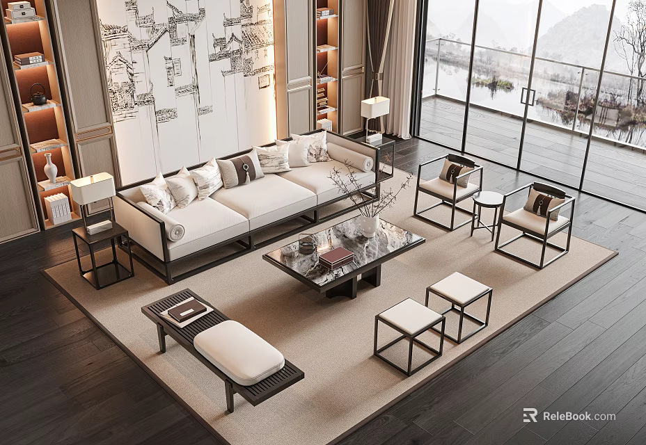 Modern Living Room Sofa Coffee Table Set With Pillows Side Tables And Area Rug 3d model 