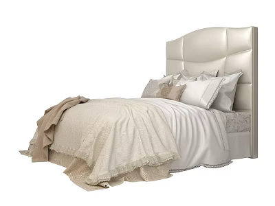Plush Double Bed with Upholstered Headboard White Sheets Beige Blanket and Pillows 3d model
