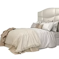 Plush Double Bed with Upholstered Headboard White Sheets Beige Blanket and Pillows 3d model