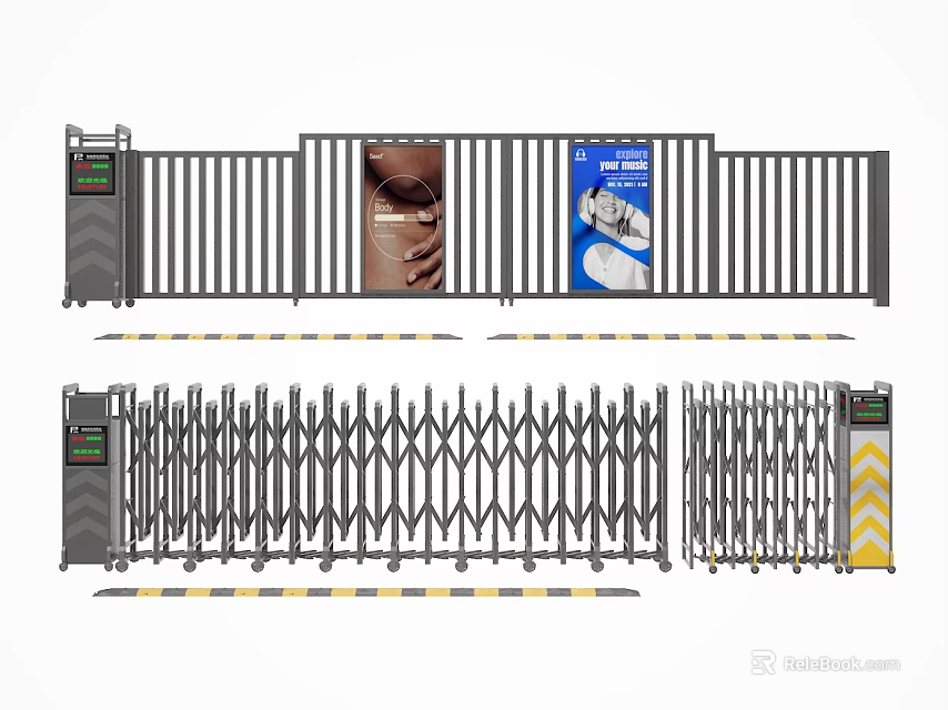 Modern Sliding And Retractable Security Gates With Billboard And Control Devices 3d model 