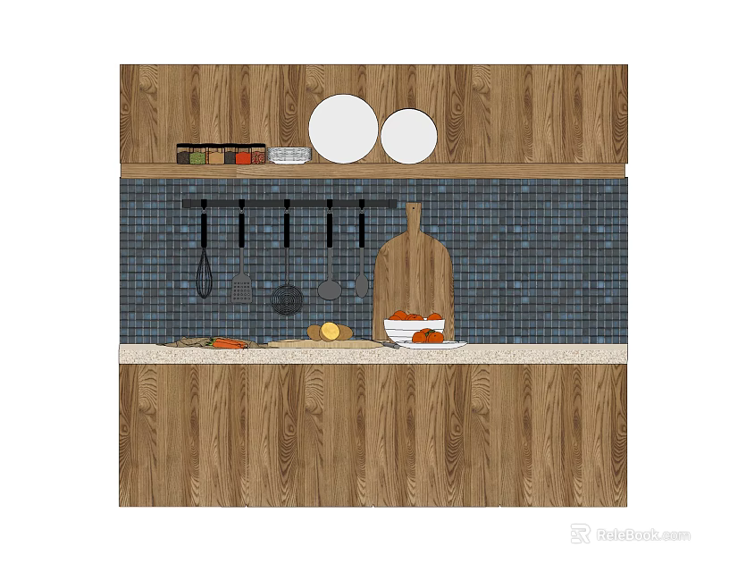 Wooden Kitchen Cabinets With Blue Tile Backsplash Hanging Tools Cutting Board And Vegetables 3d model