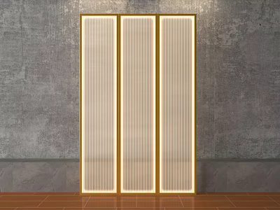 Stylish Three Panel Room Divider With Golden Frame And Frosted Glass Against Gray Wall 3d model