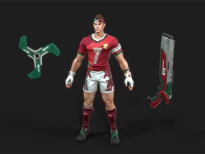 Game Movie Character In Red Number 7 Jersey With White Shorts Green Shuriken And Weapon 3d model