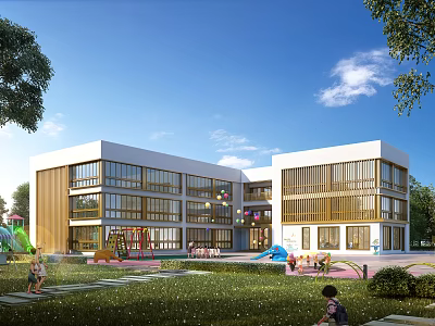 Modern School Building Exterior With Outdoor Playground Slide And Green Area 3d model