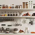 Neatly Arranged Kitchen Shelves Displaying Kitchenware Jars Spices Fruits Vegetables And Appliances