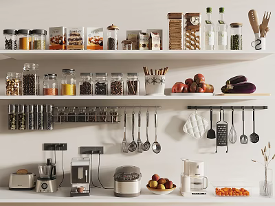 Neatly Arranged Kitchen Shelves Displaying Kitchenware Jars Spices Fruits Vegetables And Appliances 3d model