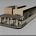 Commercial Building With Beige Walls Stone Wall Section Covered Patio Green Umbrellas And Large Windows