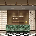 Luxury Modern Hotel Lobby Interior Featuring Green Marble Reception Desk And Geometric Decorative Walls