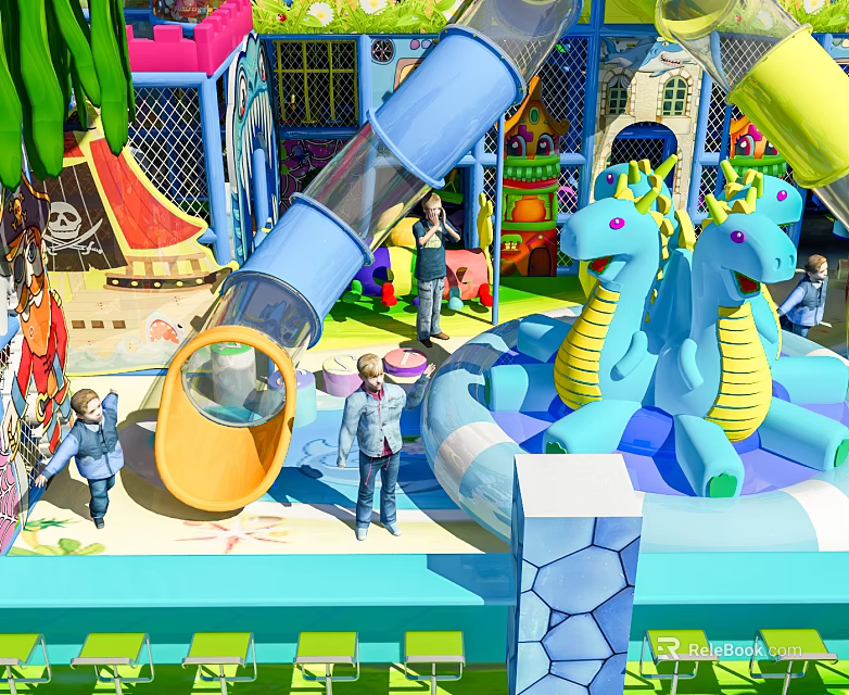 Colorful Playground Equipment With Inflatable Dinosaur Slide And Kids Playing In Play Area 3d model 