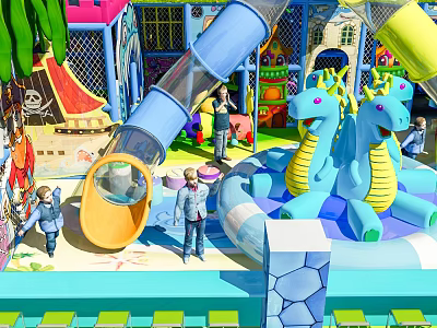 Colorful Playground Equipment With Inflatable Dinosaur Slide And Kids Playing In Play Area 3d model